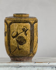 Vintage Mustard Brown Glazed Ceramic Vase with Incised Floral and Bird Motifs