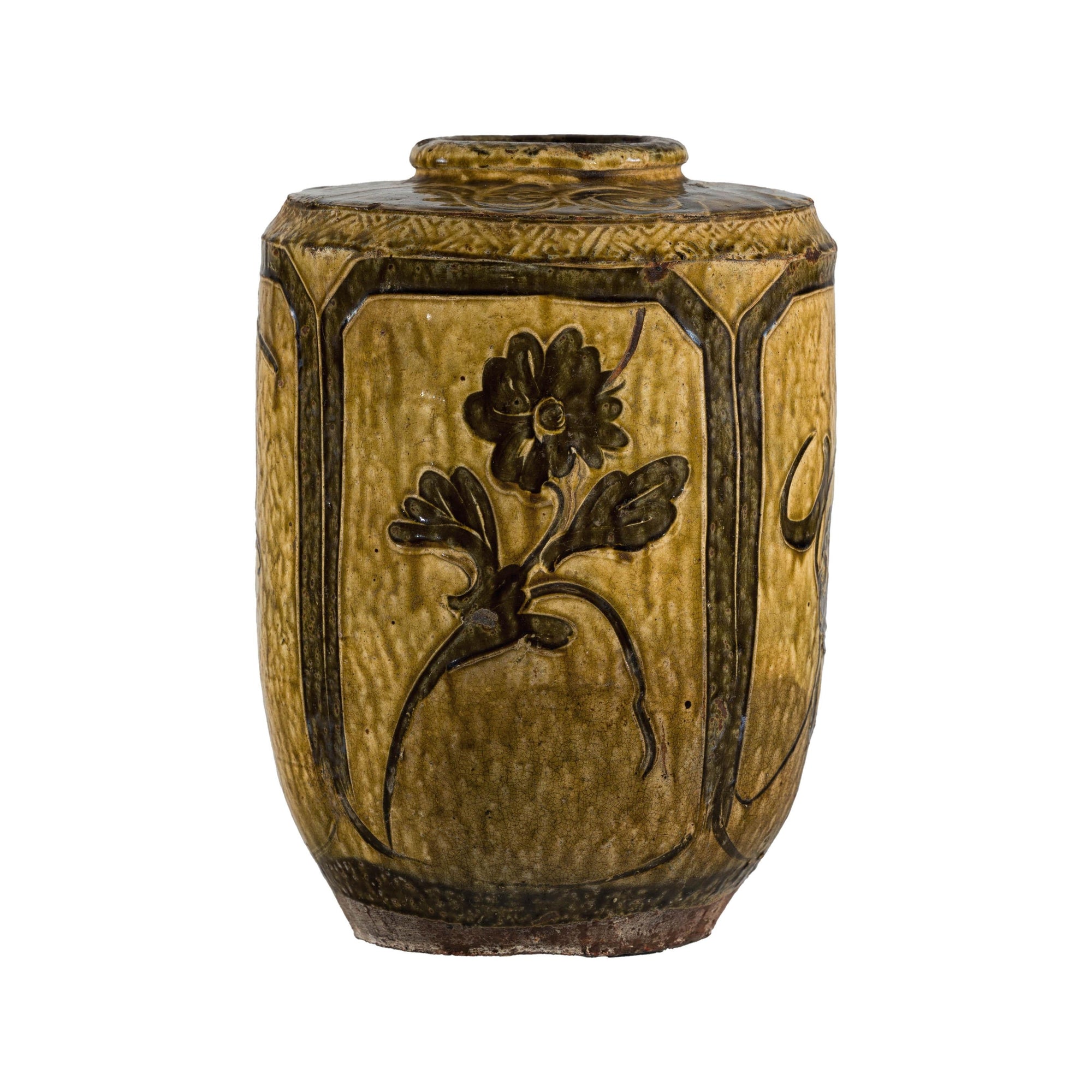 Vintage Mustard Brown Glazed Ceramic Vase with Incised Floral and Bird Motifs