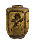 Vintage Mustard Brown Glazed Ceramic Vase with Incised Floral and Bird Motifs