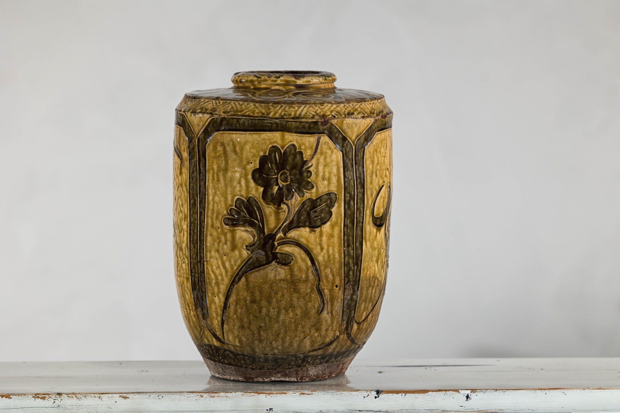 Vintage Mustard Brown Glazed Ceramic Vase with Incised Floral and Bird Motifs