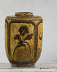 Vintage Mustard Brown Glazed Ceramic Vase with Incised Floral and Bird Motifs