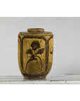 Vintage Mustard Brown Glazed Ceramic Vase with Incised Floral and Bird Motifs-10. Asian & Chinese Furniture, Art, Antiques, Vintage Home Décor for sale at FEA Home