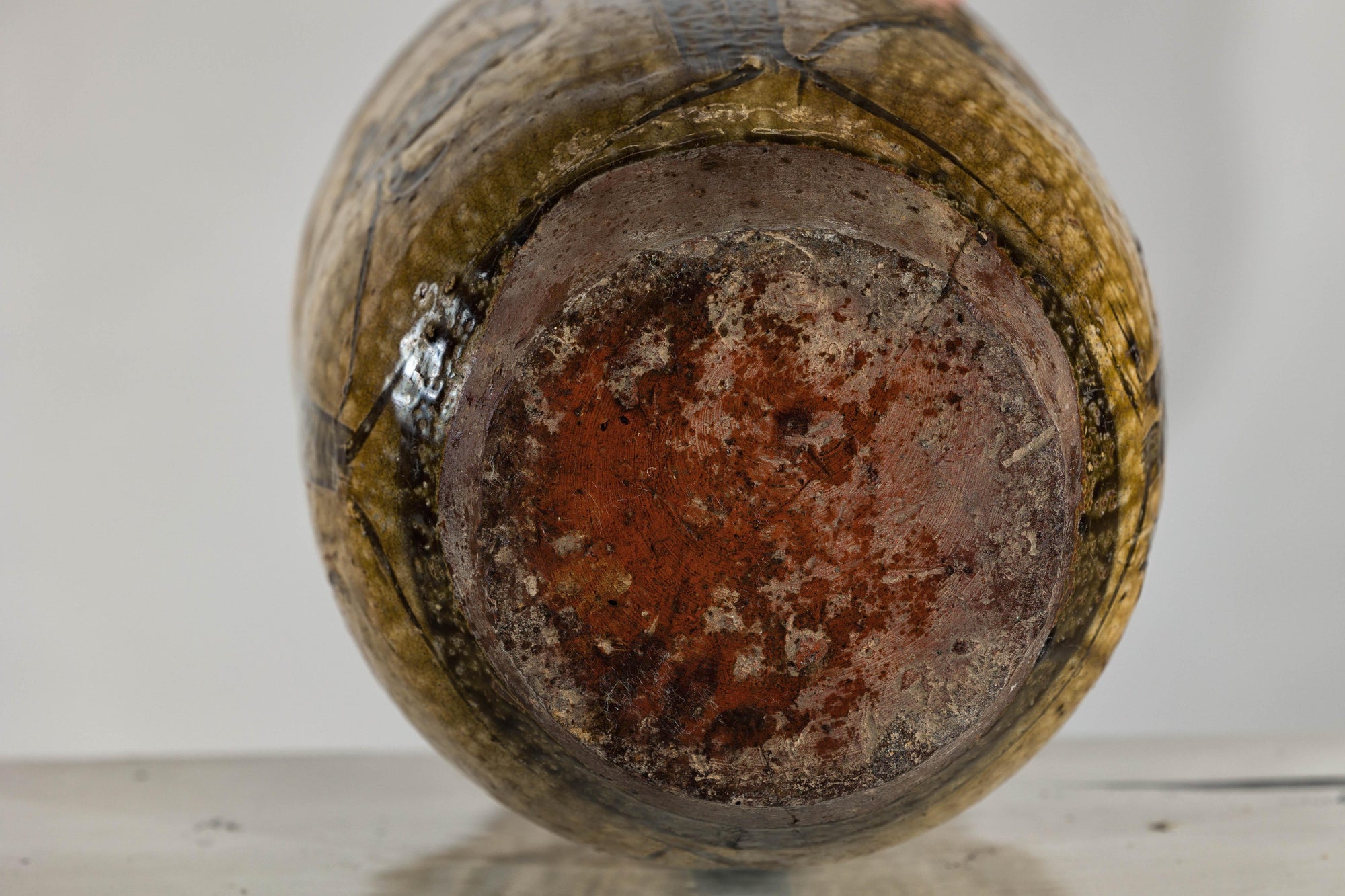Vintage Mustard Brown Glazed Ceramic Vase with Incised Floral and Bird Motifs