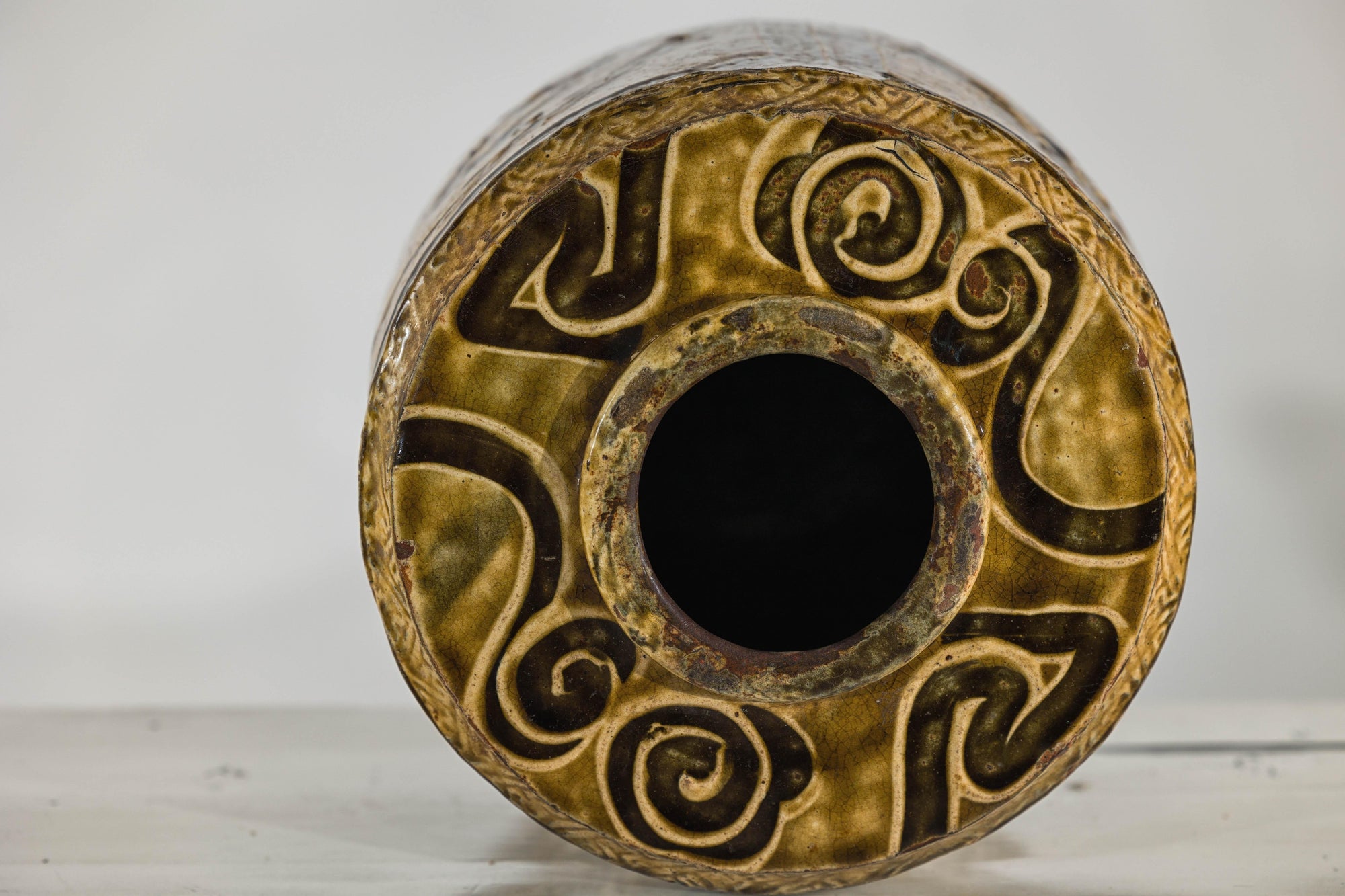 Vintage Mustard Brown Glazed Ceramic Vase with Incised Floral and Bird Motifs