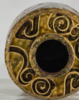 Vintage Mustard Brown Glazed Ceramic Vase with Incised Floral and Bird Motifs