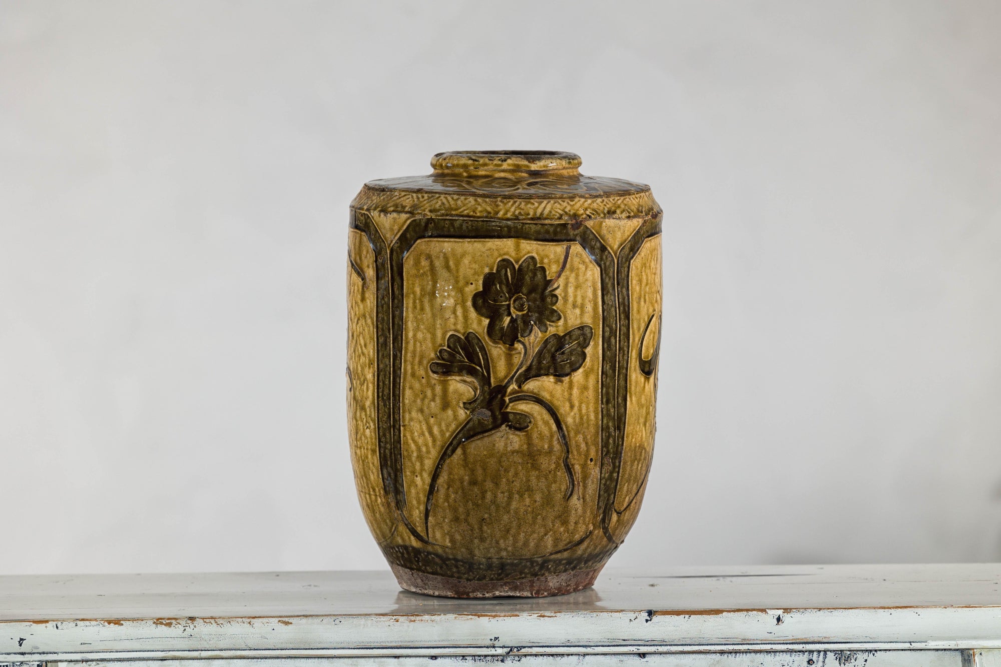 Vintage Mustard Brown Glazed Ceramic Vase with Incised Floral and Bird Motifs