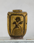 Vintage Mustard Brown Glazed Ceramic Vase with Incised Floral and Bird Motifs