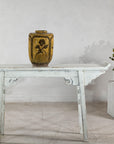 Vintage Mustard Brown Glazed Ceramic Vase with Incised Floral and Bird Motifs