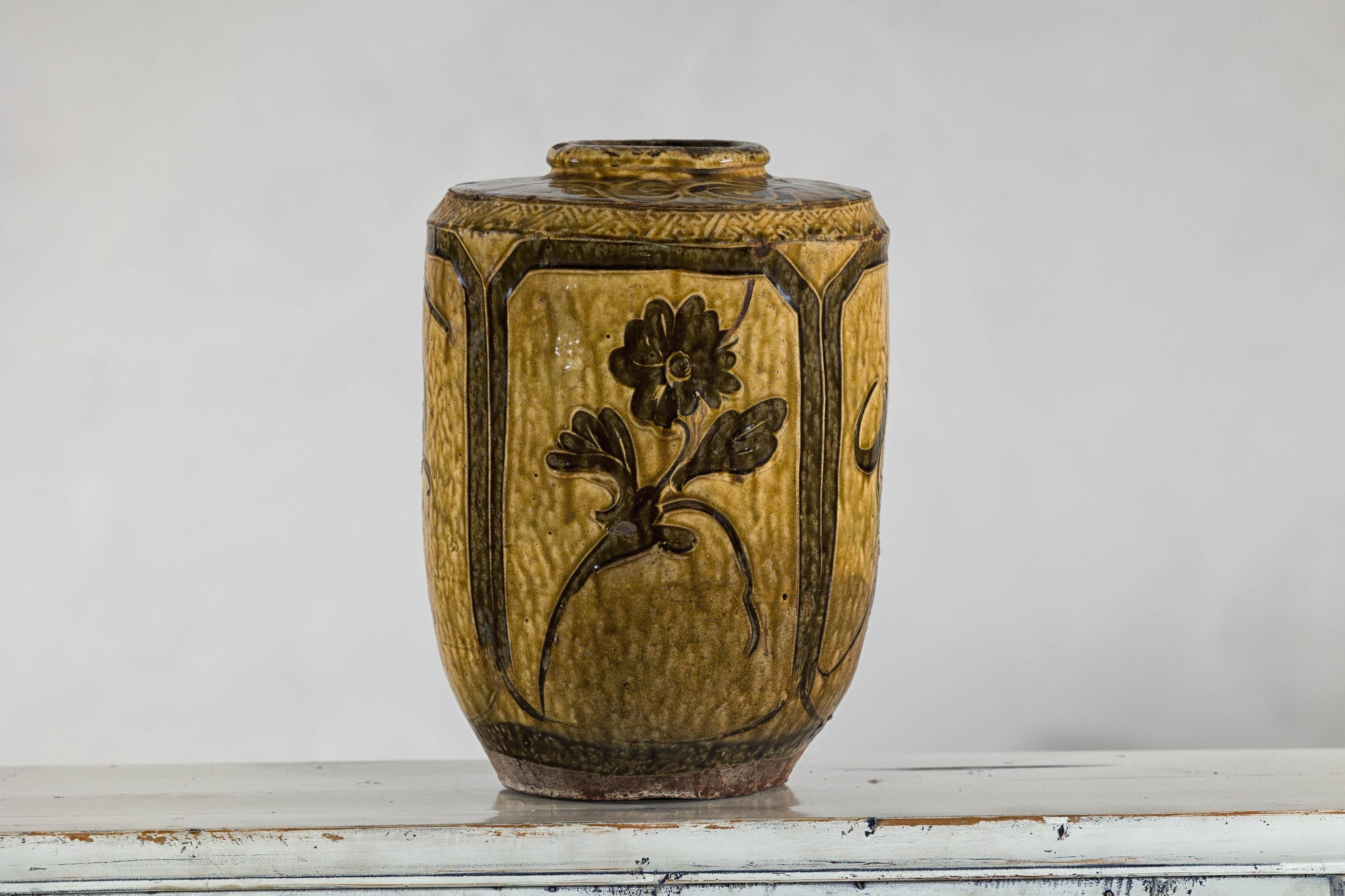 Vintage Mustard Brown Glazed Ceramic Vase with Incised Floral and Bird Motifs