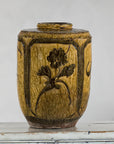 Vintage Mustard Brown Glazed Ceramic Vase with Incised Floral and Bird Motifs