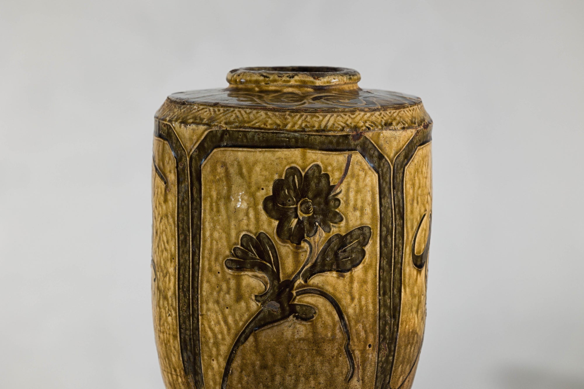 Vintage Mustard Brown Glazed Ceramic Vase with Incised Floral and Bird Motifs