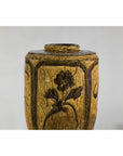 Vintage Mustard Brown Glazed Ceramic Vase with Incised Floral and Bird Motifs-5. Asian & Chinese Furniture, Art, Antiques, Vintage Home Décor for sale at FEA Home
