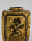 Vintage Mustard Brown Glazed Ceramic Vase with Incised Floral and Bird Motifs