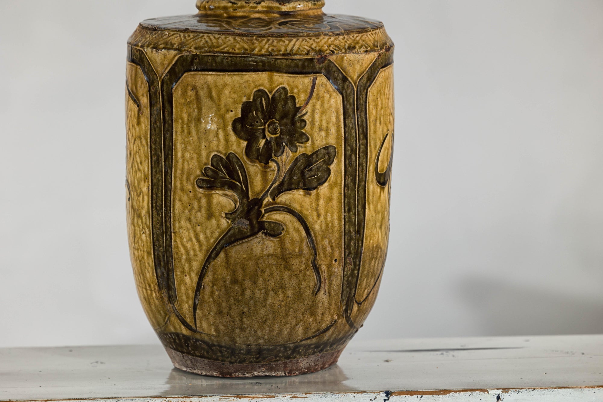 Vintage Mustard Brown Glazed Ceramic Vase with Incised Floral and Bird Motifs