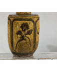 Vintage Mustard Brown Glazed Ceramic Vase with Incised Floral and Bird Motifs-6. Asian & Chinese Furniture, Art, Antiques, Vintage Home Décor for sale at FEA Home