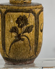 Vintage Mustard Brown Glazed Ceramic Vase with Incised Floral and Bird Motifs