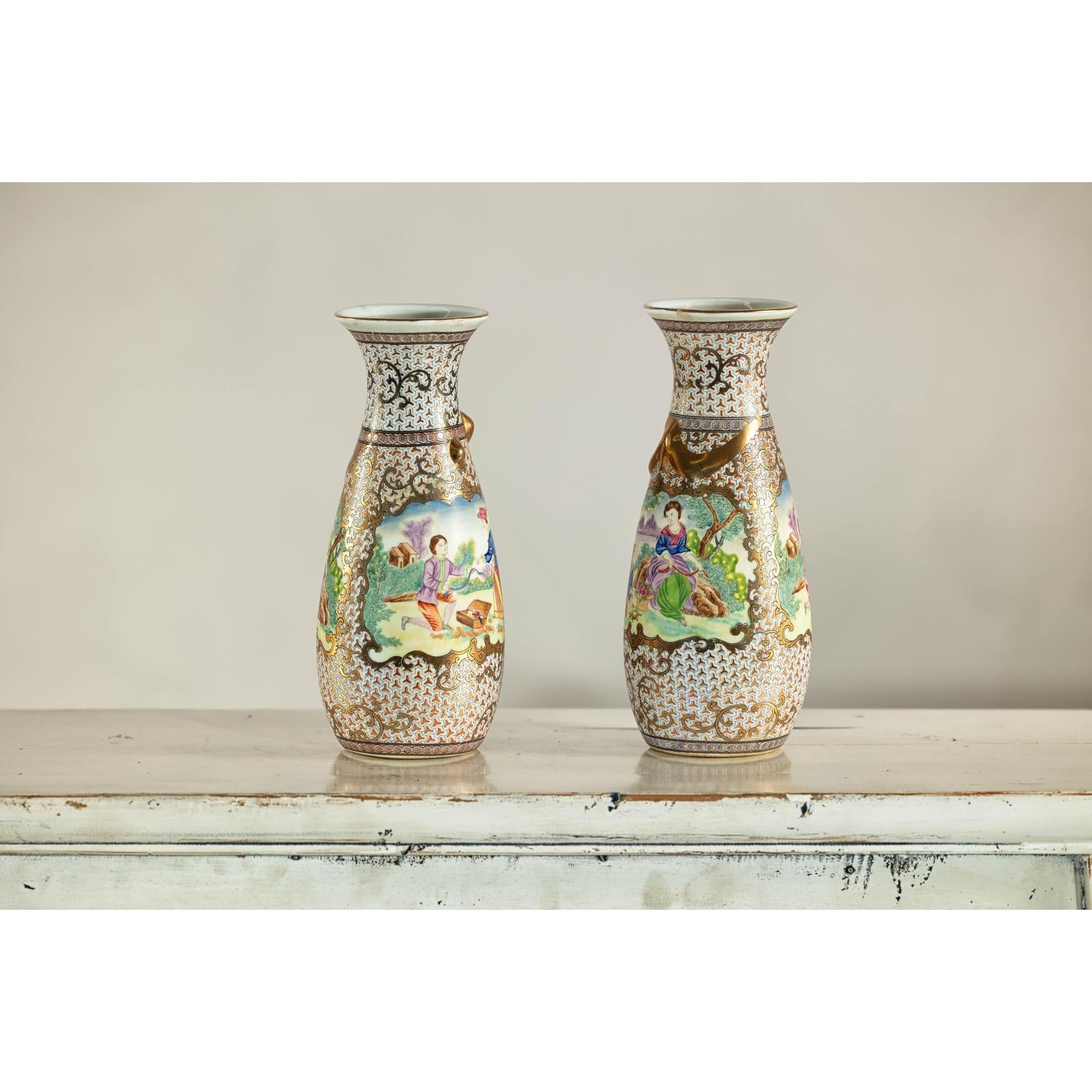 Pair of Vintage Small Porcelain Vases with Hand-Painted Pastoral Scenes