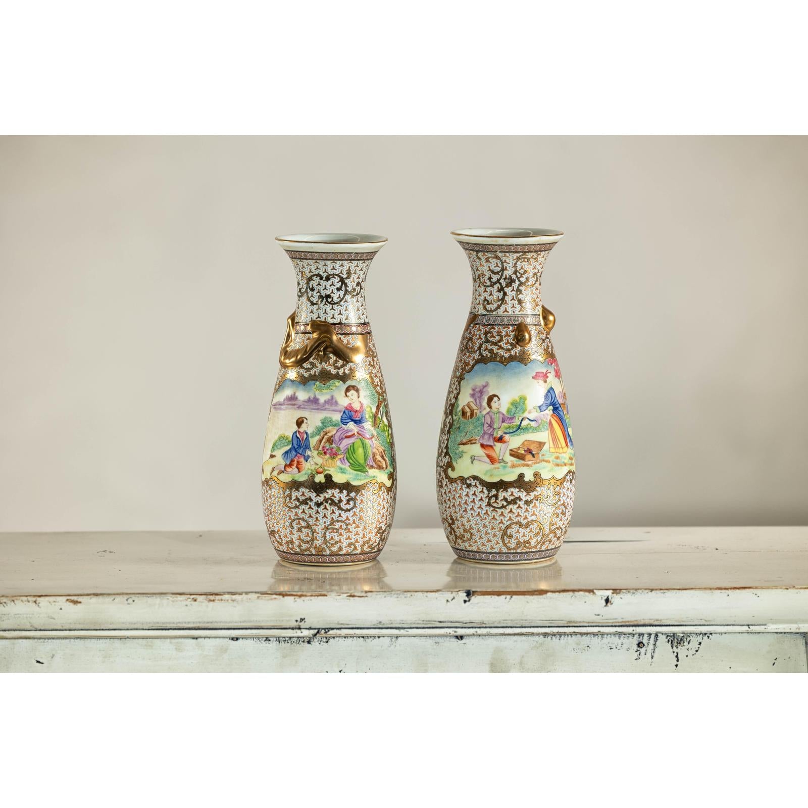 Pair of Vintage Small Porcelain Vases with Hand-Painted Pastoral Scenes