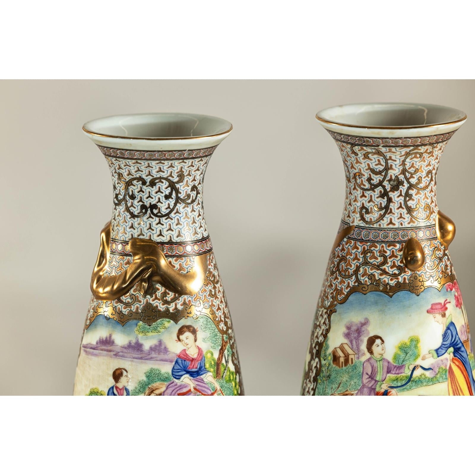 Pair of Vintage Small Porcelain Vases with Hand-Painted Pastoral Scenes