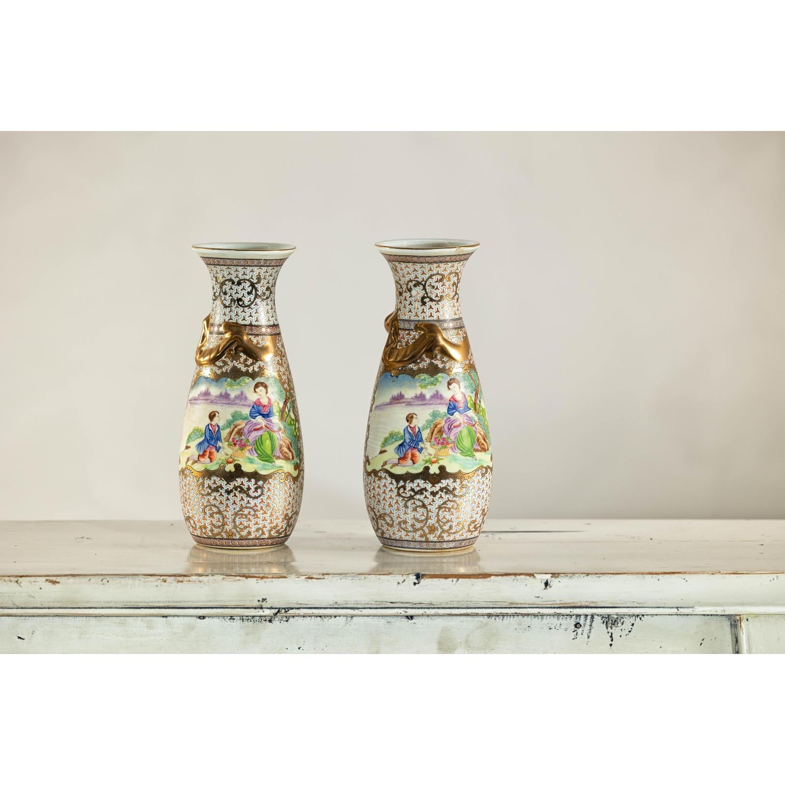 Pair of Vintage Small Porcelain Vases with Hand-Painted Pastoral Scenes