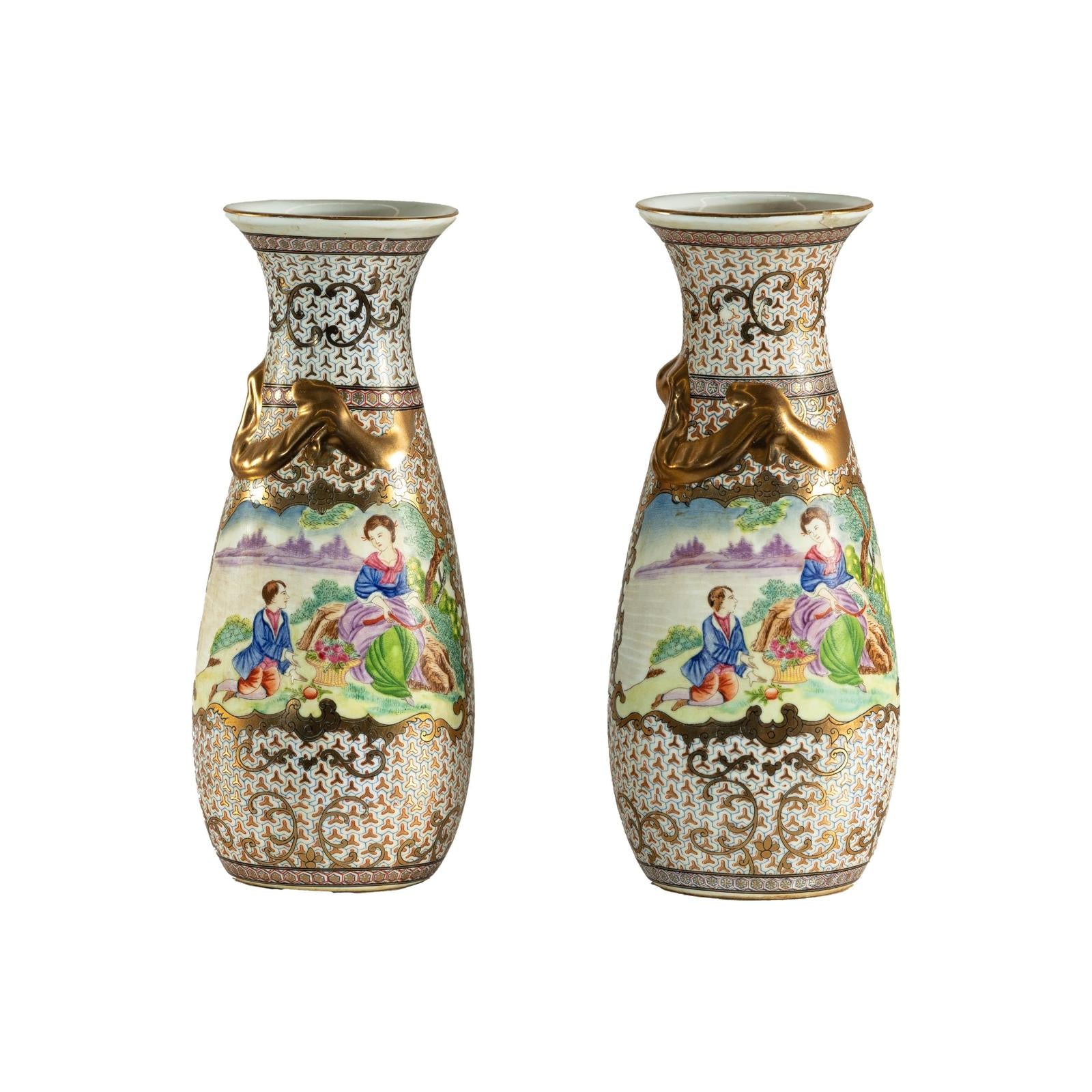 Pair of Vintage Small Porcelain Vases with Hand-Painted Pastoral Scenes
