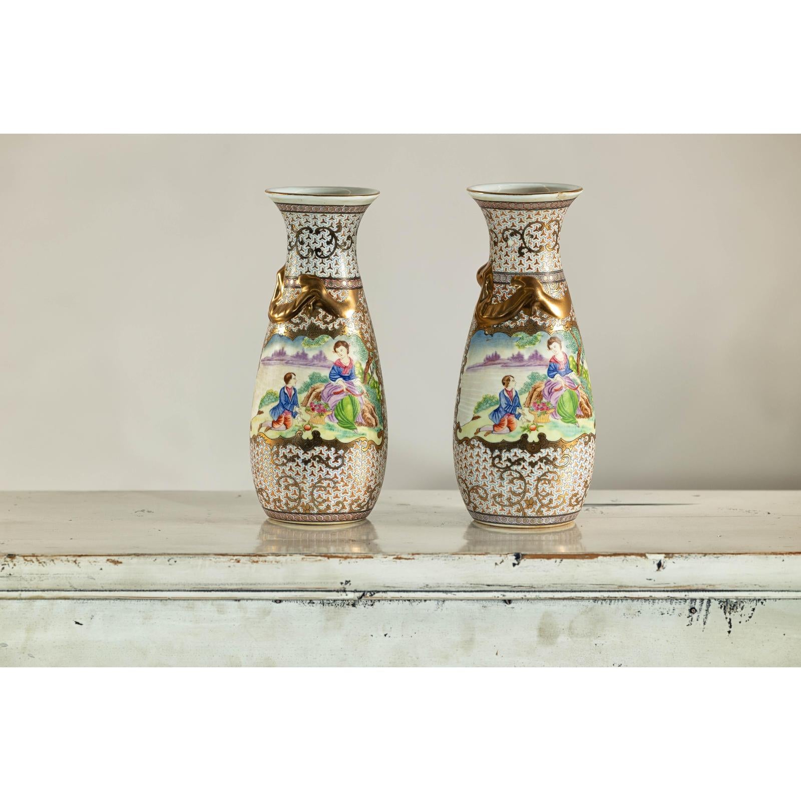 Pair of Vintage Small Porcelain Vases with Hand-Painted Pastoral Scenes
