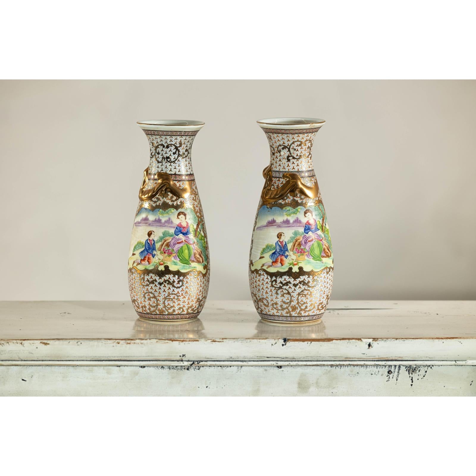 Pair of Vintage Small Porcelain Vases with Hand-Painted Pastoral Scenes