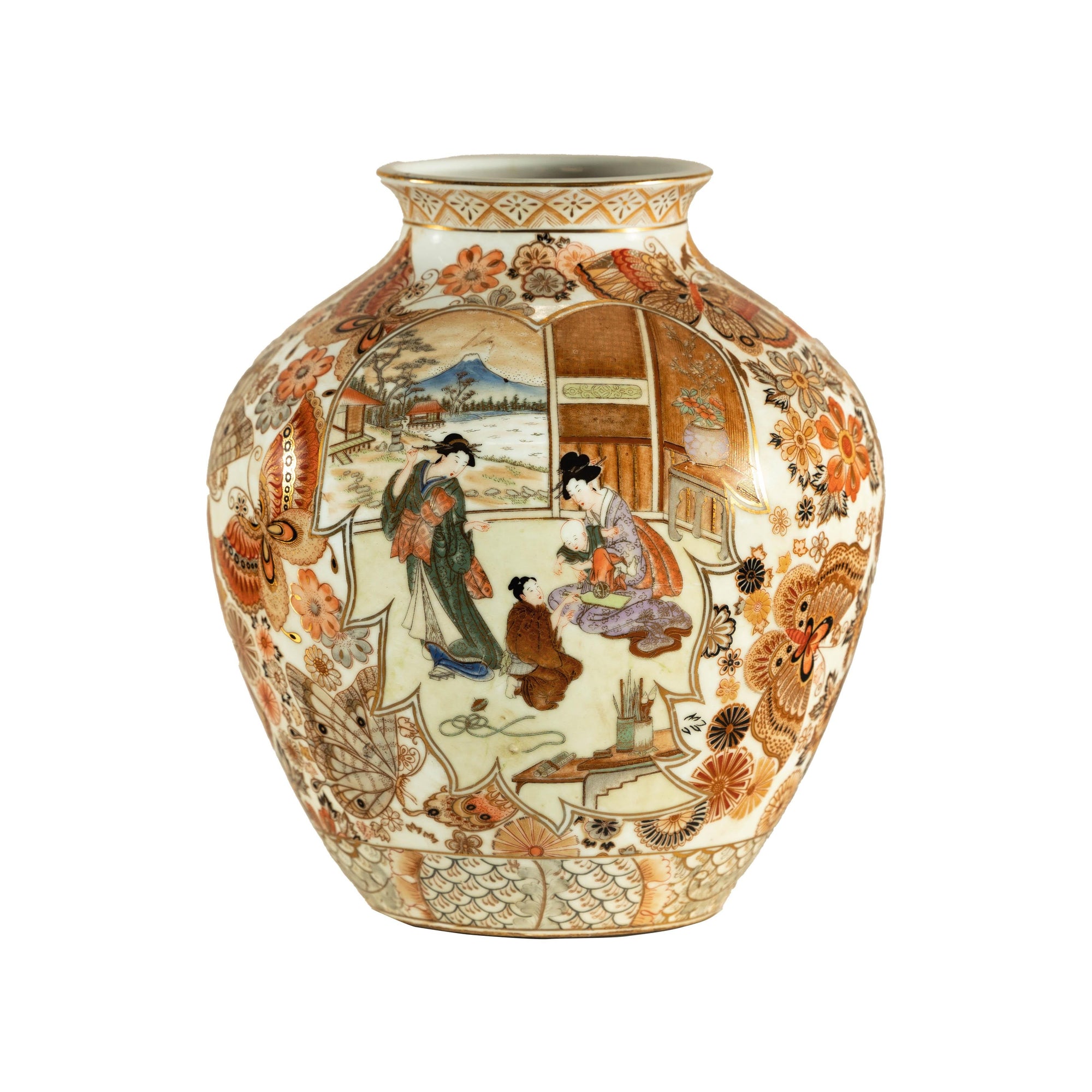 Early 20th-Century Kutani-Style Porcelain Vase with Scenic and Floral Designs