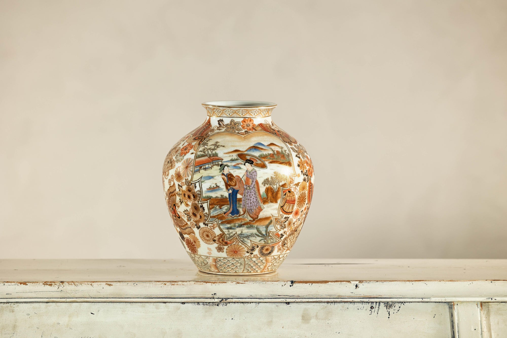 Early 20th-Century Kutani-Style Porcelain Vase with Scenic and Floral Designs