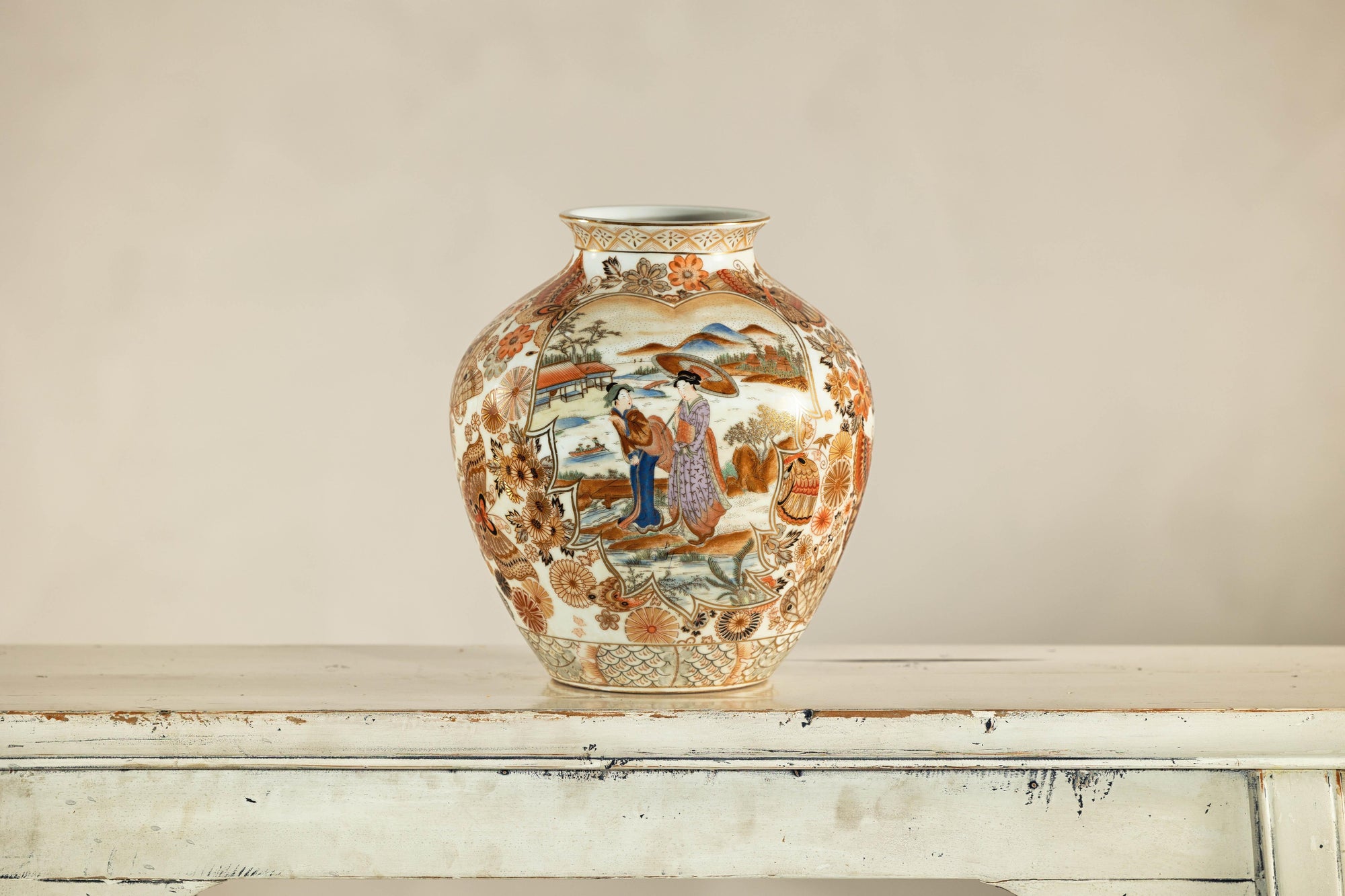 Early 20th-Century Kutani-Style Porcelain Vase with Scenic and Floral Designs