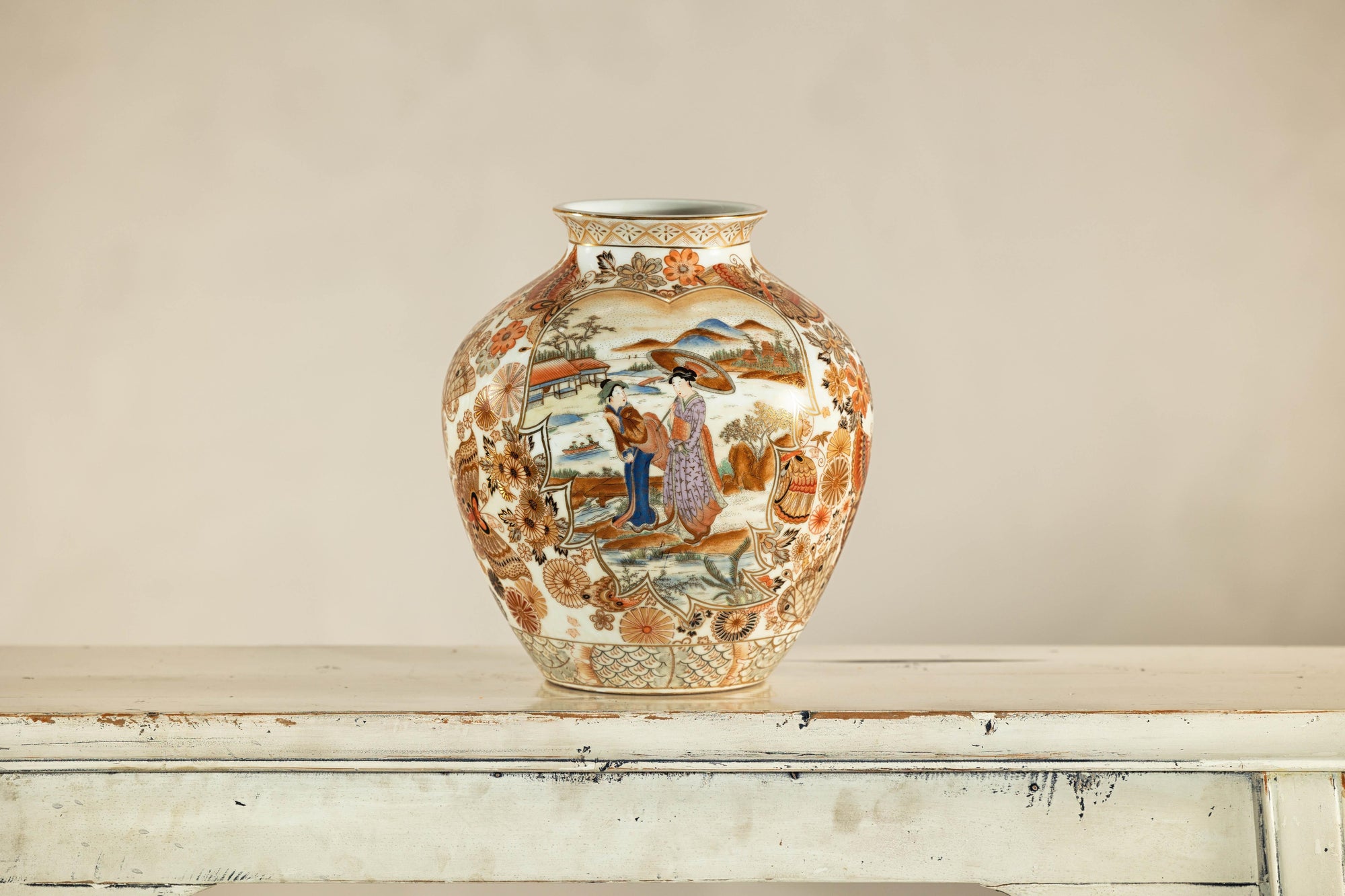 Early 20th-Century Kutani-Style Porcelain Vase with Scenic and Floral Designs