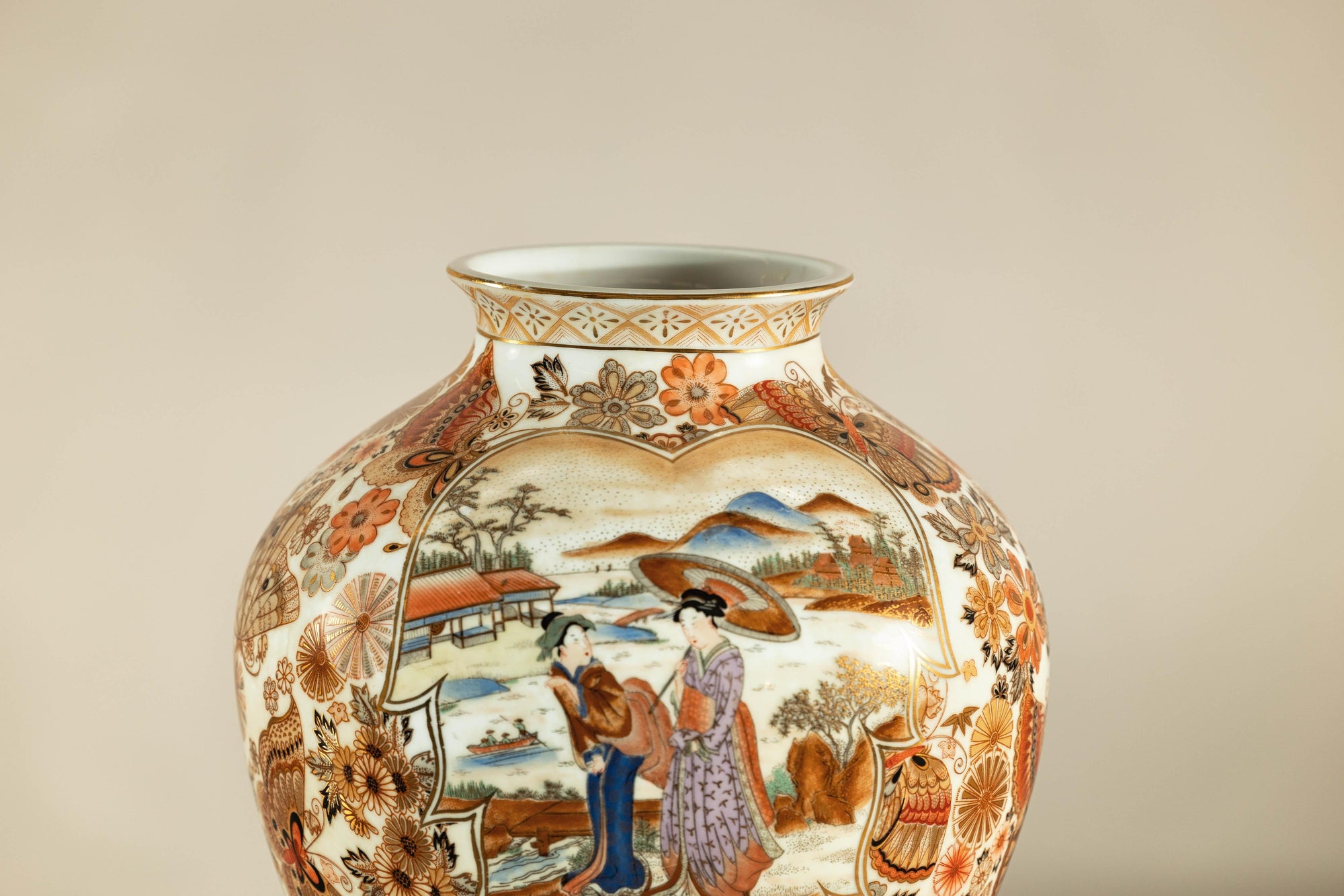 Early 20th-Century Kutani-Style Porcelain Vase with Scenic and Floral Designs