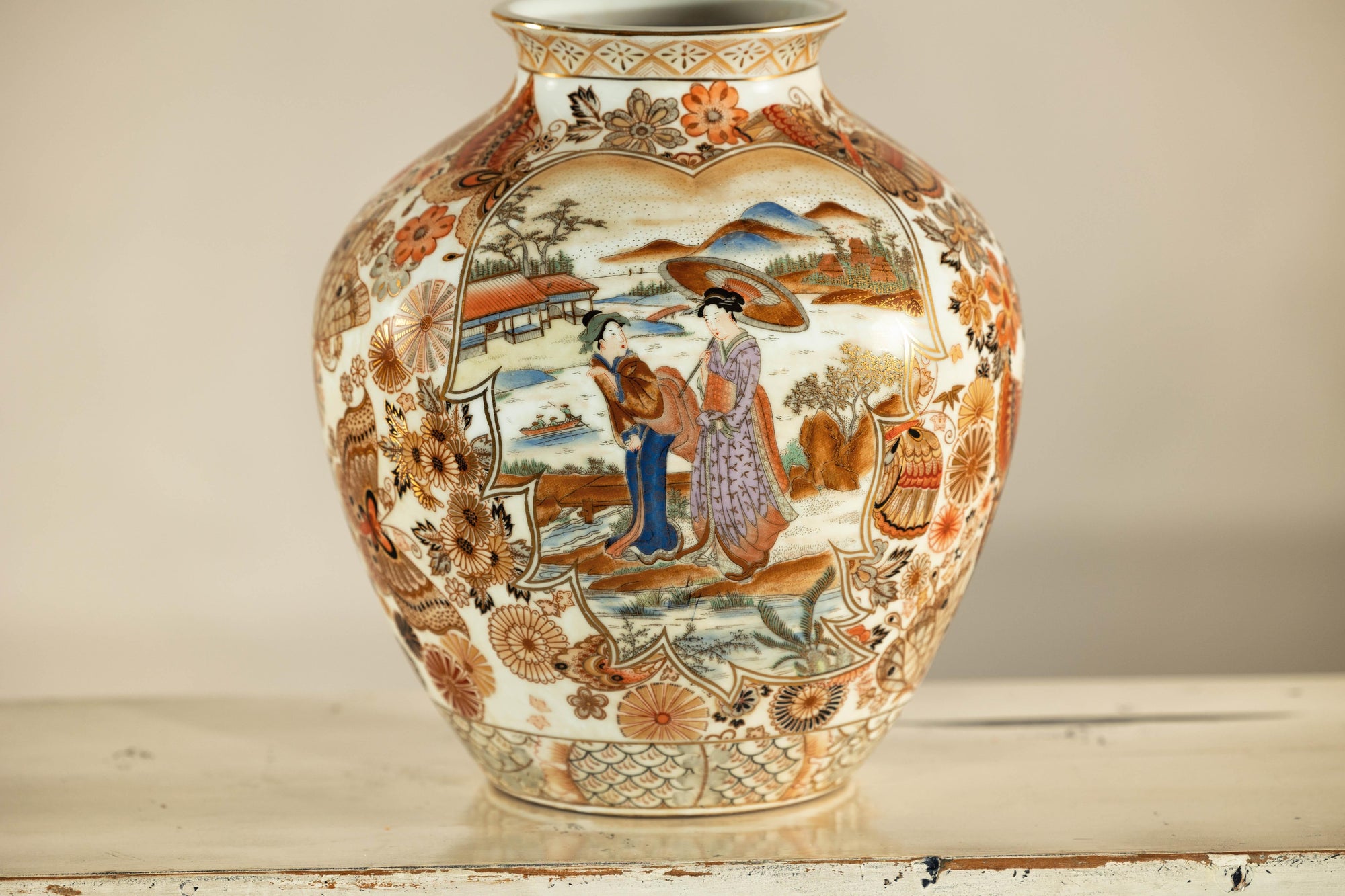 Early 20th-Century Kutani-Style Porcelain Vase with Scenic and Floral Designs