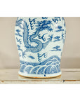 Qing Dynasty Blue and White Porcelain Dragon Jar with Lid and Foo Dog Finial