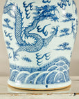Qing Dynasty Blue and White Porcelain Dragon Jar with Lid and Foo Dog Finial
