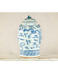 Qing Dynasty Blue and White Porcelain Dragon Jar with Lid and Foo Dog Finial
