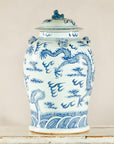 Qing Dynasty Blue and White Porcelain Dragon Jar with Lid and Foo Dog Finial