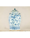 Qing Dynasty Blue and White Porcelain Dragon Jar with Lid and Foo Dog Finial