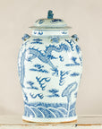 Qing Dynasty Blue and White Porcelain Dragon Jar with Lid and Foo Dog Finial