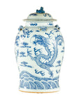 Qing Dynasty Blue and White Porcelain Dragon Jar with Lid and Foo Dog Finial