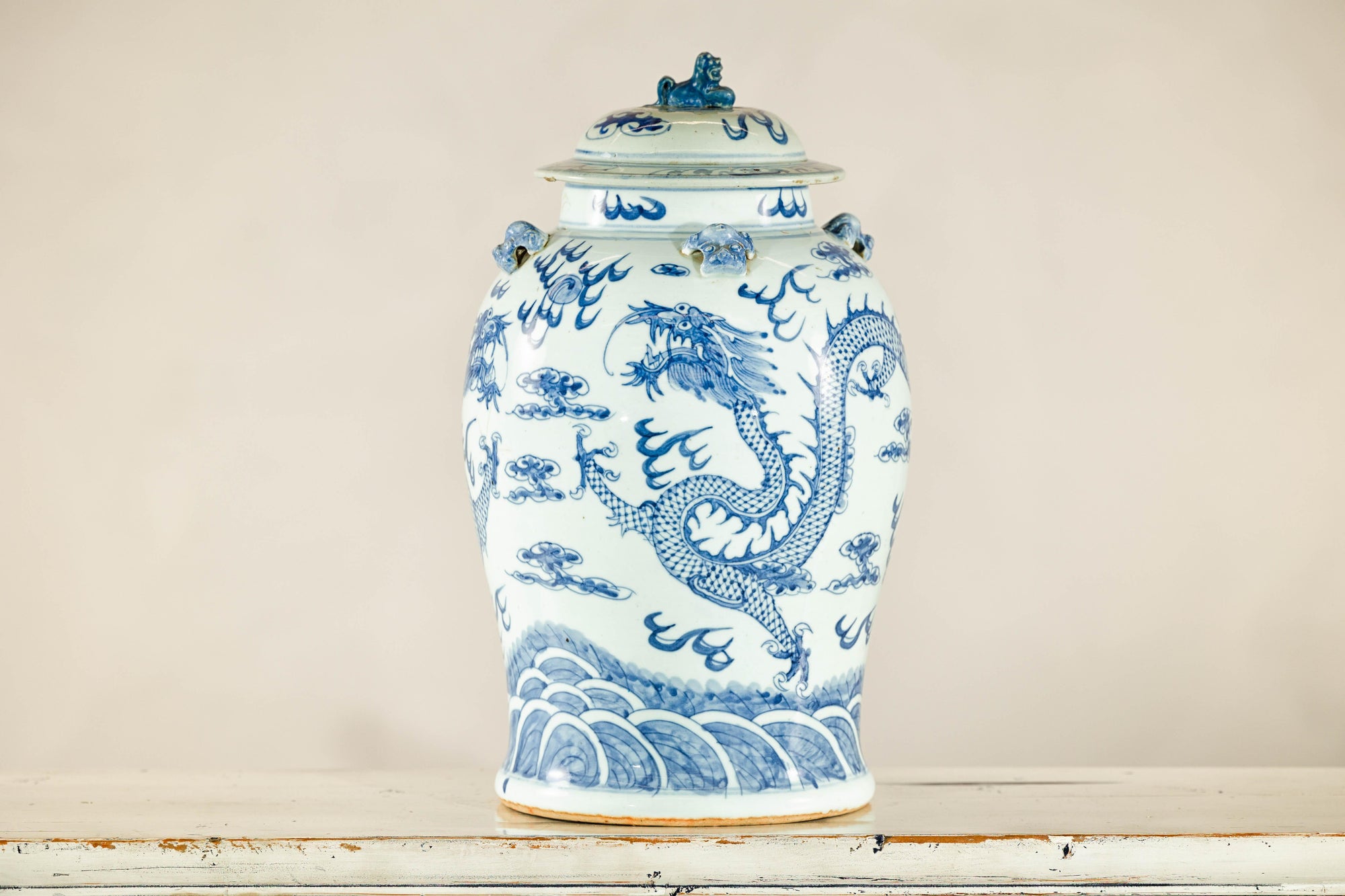 Qing Dynasty Blue and White Porcelain Dragon Jar with Lid and Foo Dog Finial