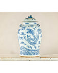 Qing Dynasty Blue and White Porcelain Dragon Jar with Lid and Foo Dog Finial
