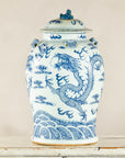 Qing Dynasty Blue and White Porcelain Dragon Jar with Lid and Foo Dog Finial