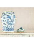 Qing Dynasty Blue and White Porcelain Dragon Jar with Lid and Foo Dog Finial