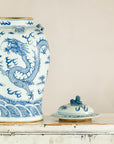 Qing Dynasty Blue and White Porcelain Dragon Jar with Lid and Foo Dog Finial