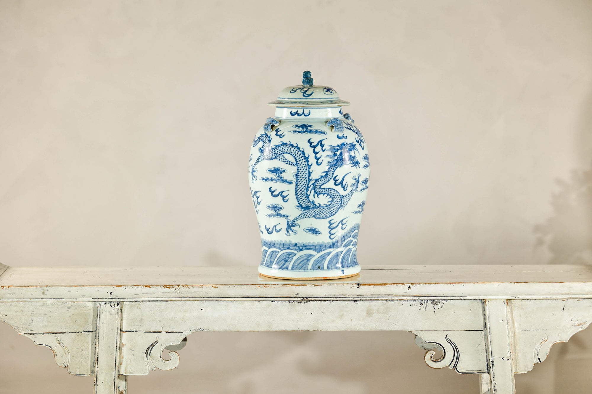 Qing Dynasty Blue and White Porcelain Dragon Jar with Lid and Foo Dog Finial