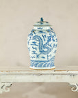 Qing Dynasty Blue and White Porcelain Dragon Jar with Lid and Foo Dog Finial