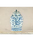 Qing Dynasty Blue and White Porcelain Dragon Jar with Lid and Foo Dog Finial