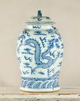 Qing Dynasty Blue and White Porcelain Dragon Jar with Lid and Foo Dog Finial