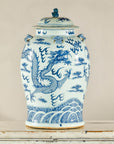 Qing Dynasty Blue and White Porcelain Dragon Jar with Lid and Foo Dog Finial